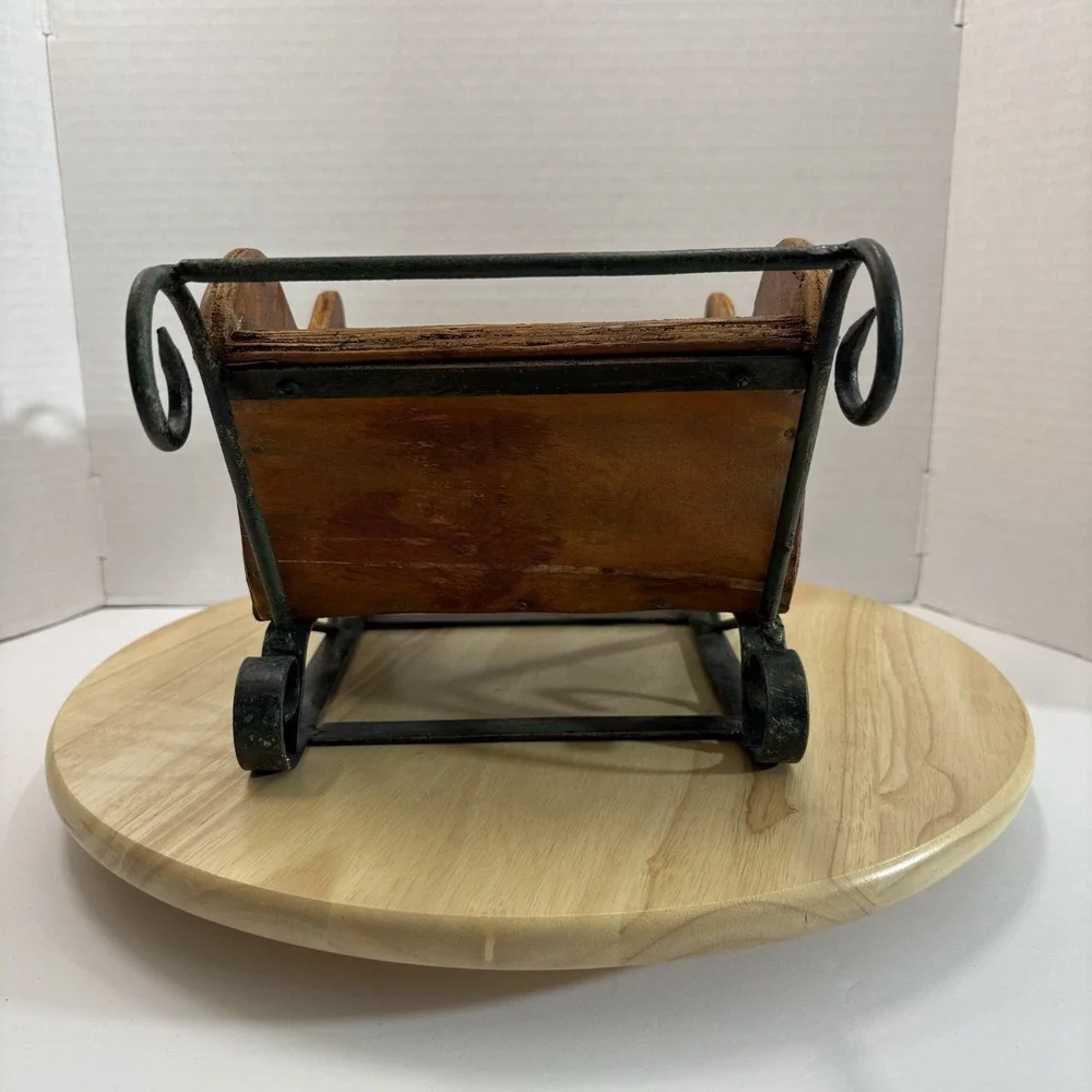 Wood Wicker & Metal Sleigh Storage Basket Small Brown/Black Handle Christmas